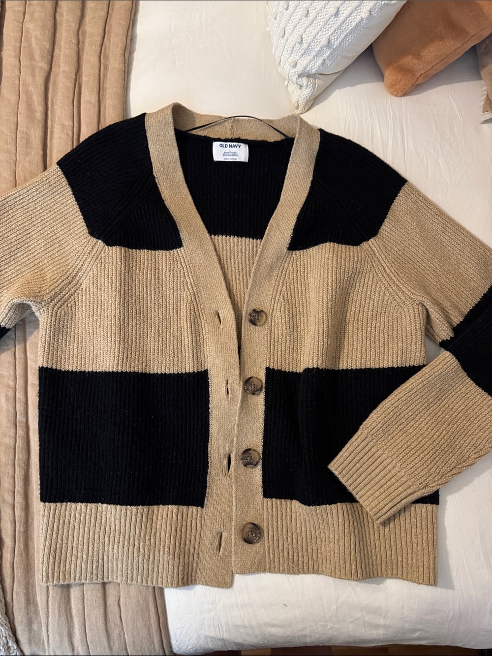 NWOT Old Navy Black and Beige Striped Button-Front Cardigan